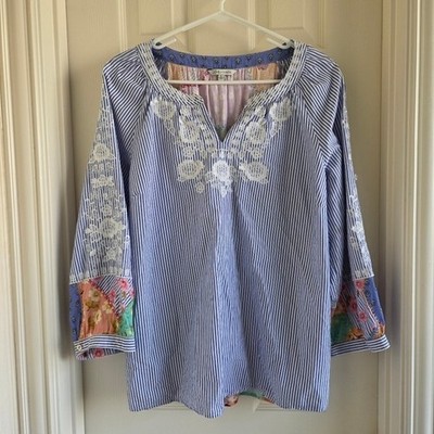John Mark Embroidered Striped Tunic Top Mixed Media Floral Patchwork Size Large
