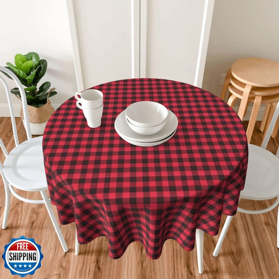 Checkered Round Christmas Vinyl Tablecloth with Flannel Backing 7 - Image 2 of 4