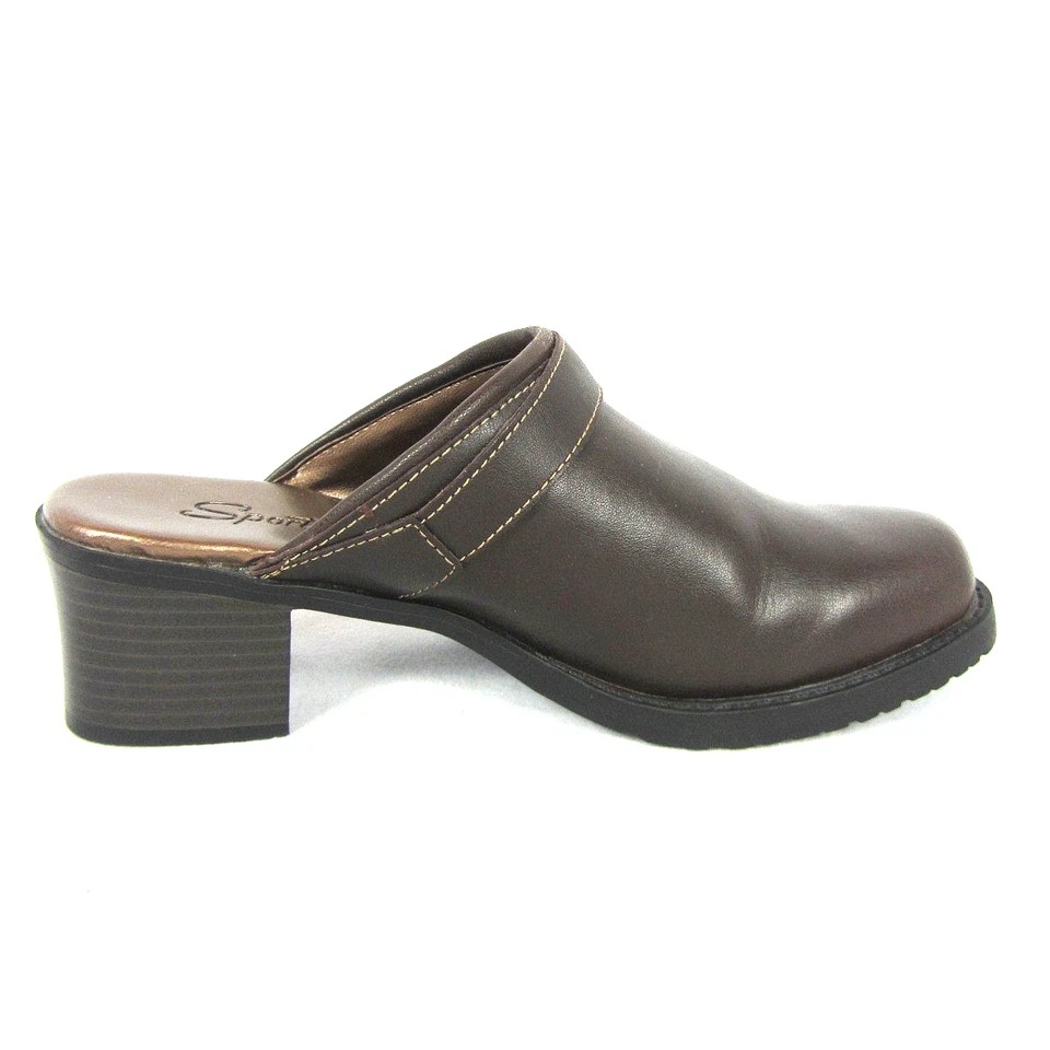 Zuecos Sporto para mujer de cuero marrón oscuro tacón ancho punta redonda zapatos talla 7,5 usados en excelente estado Foto 3 de 4