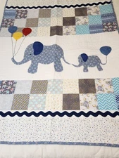 NEW! Hand Made Baby BOY Crib Quilt  “Elephants & Balloons” 40"x53"