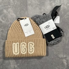 UGG Hat Socks Set Womens OS Tan Black Chunky Knit Streetwear Gift Casual New