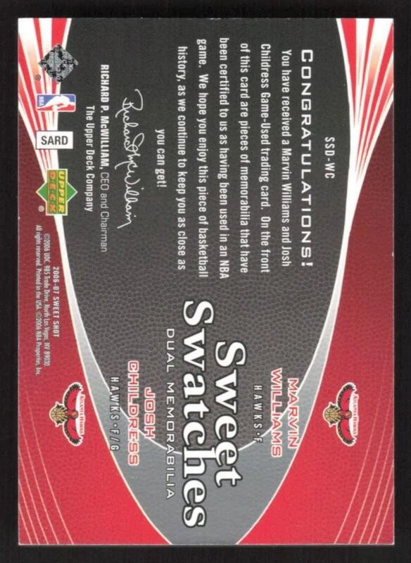 2006 UPPER DECK SWEET SHOT JOSH CHILDRESS SSD-WC MARVIN WILLIAMS SWEET SWATCHES - Image 2 of 2
