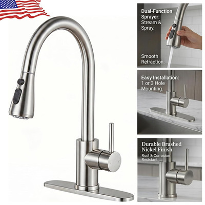 Kitchen Faucet Pull Down Sprayer Mixer Single Handle High arc Brushed Nickel