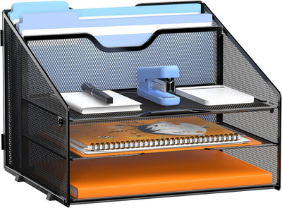Letter Tray Organizer, Mesh Desk File Organizer with 3 Paper Trays and 2 Vertica