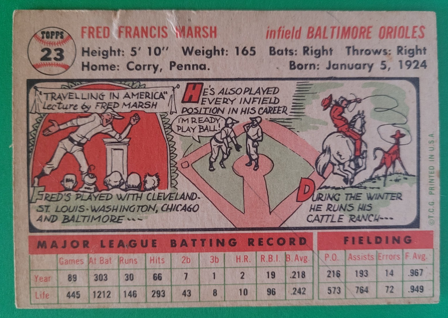 1956 Topps Fred Marsh #23 White Back Baltimore Orioles GD-VG Bron Vintage Sports view 2