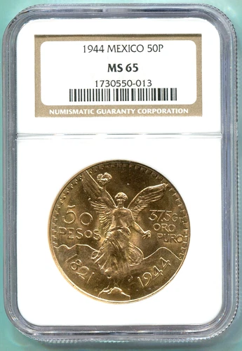 1944 MEXICO 50 PESOS 1.2 Oz. GOLD COIN NGC MS65 MS-65 SCARCE Older Holder !!