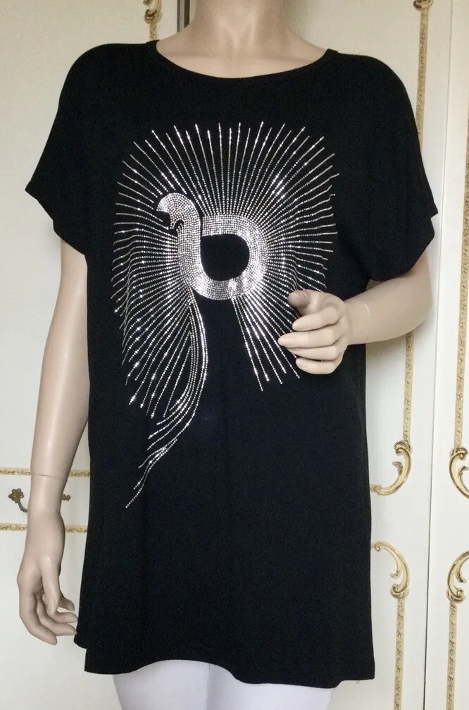 FORESTA BELLA S/M ( 10,12,14 )Black / Crystal Bird T Shirt Tunic Top NWT RRP £38