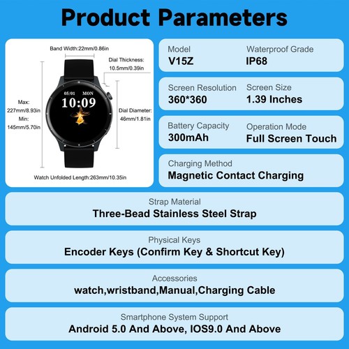 Gwenland V15Z Smartwatch, 1,39" Bildschirm, IP68, 100+ Modi, Health, iOS+Android - Bild 17 von 17
