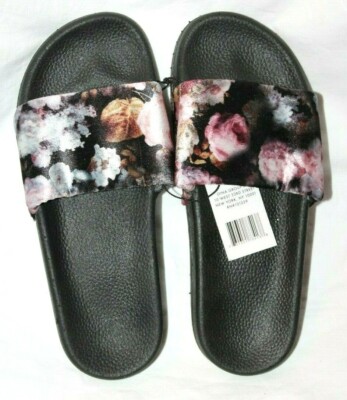 Chatties Ladies Women's Black Floral Slippers Slides Large (9/10