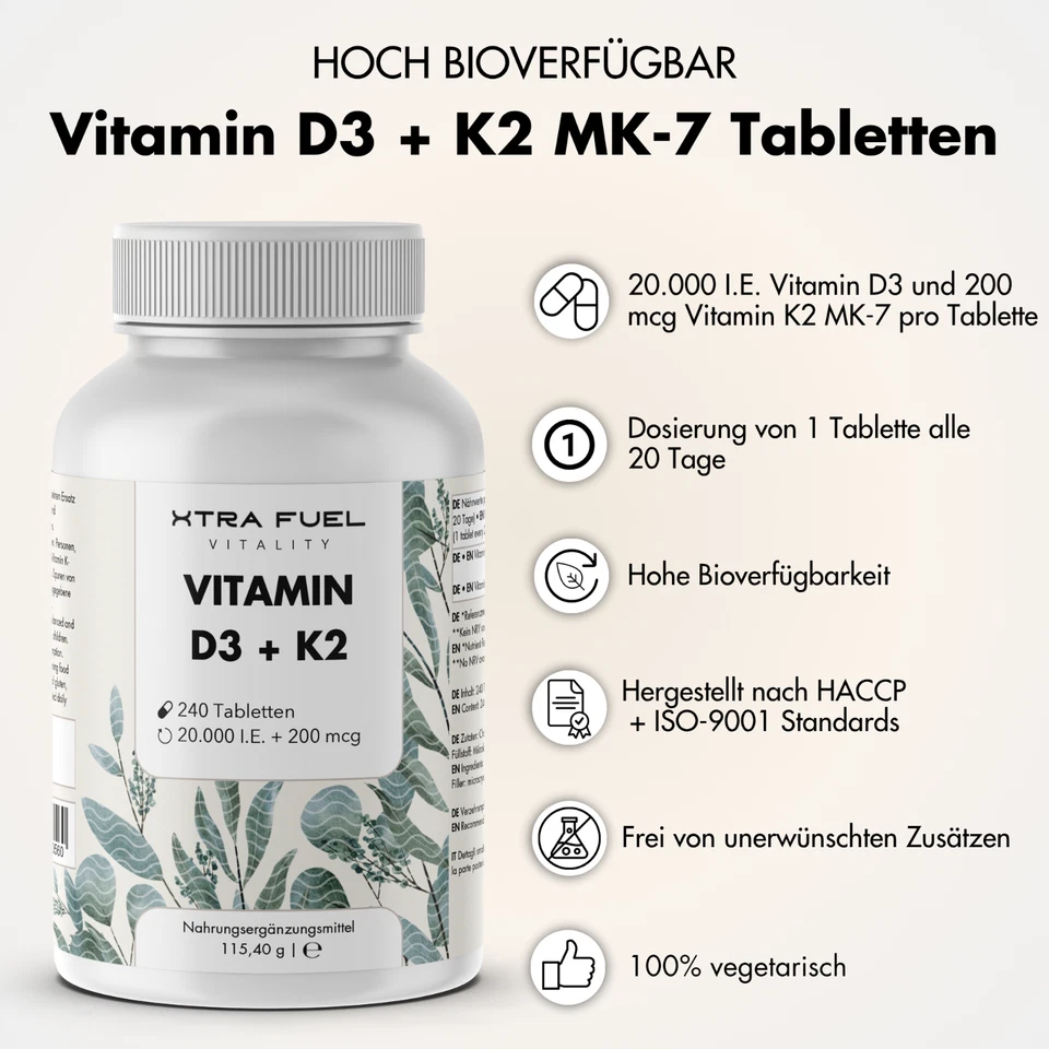 Vitamin D3 + K2 - 240 Tabletten 20.000 I.E. + 200mcg - 100% rein & hochdosiert - Bild 2 von 4