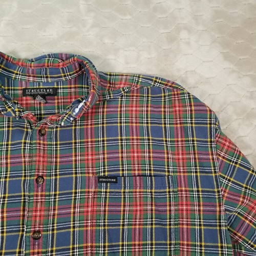 VTG WORN Structure Red Blue Tartan Plaid Button Up Shirt Men's Sz XL - Picture 5 of 15