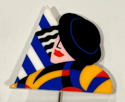Vintage 80s Color Block Art Deco Style Woman Plastic Stick Pin