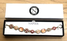 NAPIER Gold Tone Coral Floral Flower CZ Enamel Toggle Clasp 7.5" Bracelet w/Box!