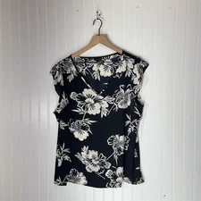 Talbots XL Black White Floral Sheer Blouse Sleeveless Top Workwear Resort Vibes