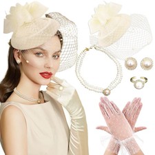 Champagne Tea Party Hats for Women Lace Gloves Fascinators Hats with Veil Fea...