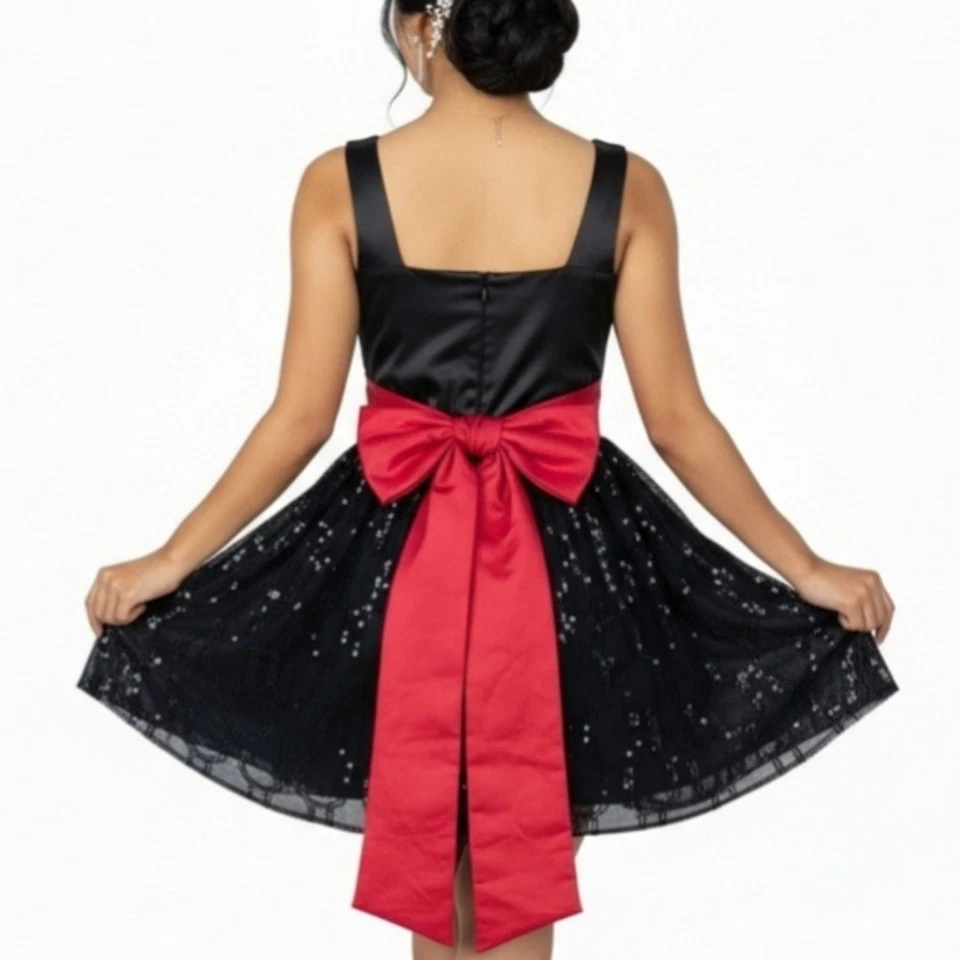 复古 90 年代 Y2K 城市三角形黑色亮片舞会派对礼服带红色蝴蝶结腰带 13 码 — 第 3/4 张图片