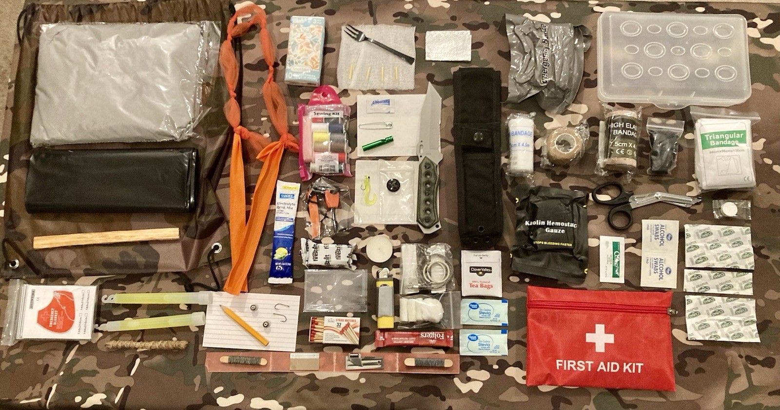 119 Piece Emergency Outdoor Survival Kit With Camo Drawstring Backpack