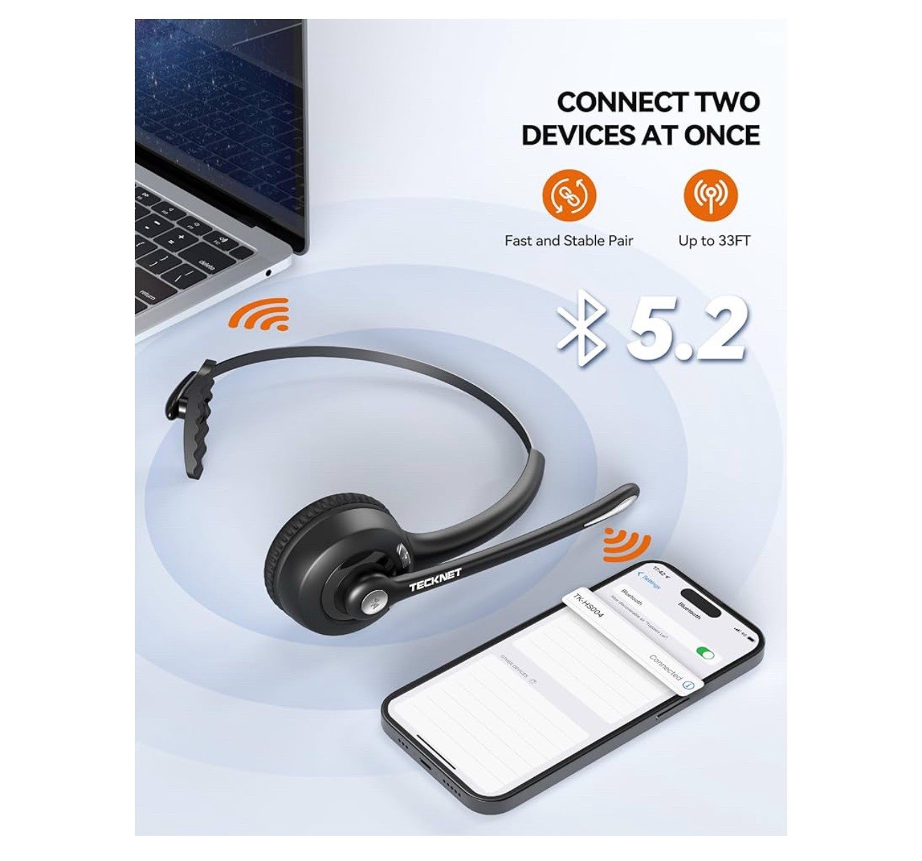TECKNET Bluetooth Headset, Wireless Headset with Noise Canceling Microphone