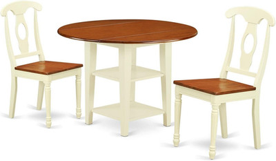Compact 3-Piece Dining Set with Round Dropleaf Table & 2 Chairs - Buttermilk/Che