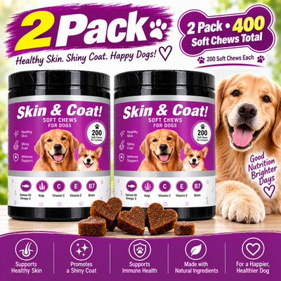Dog Skin & Coat Soft Chews Omega 3 Salmon Oil Biotin Supplement 400 Ct 2 Pack