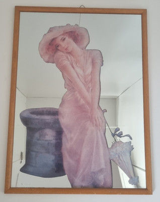 Vintage Deko Spiegel - Rosa Dame mit Regenschirm - Holzrahmen - 30 x 40 cm