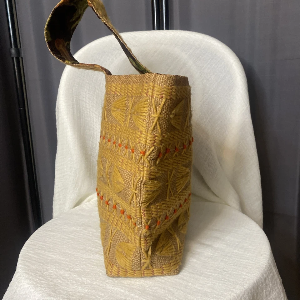 Bolso de Mano Vintage Años 70 Bordado Hilado Arpillera Naranja Amarillo Boho Hippie Foto 4 de 4