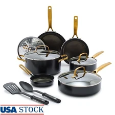 Gold Nonstick Ceramic Cookware Set 12 Pc PFAS Free Induction Safe Aluminum New
