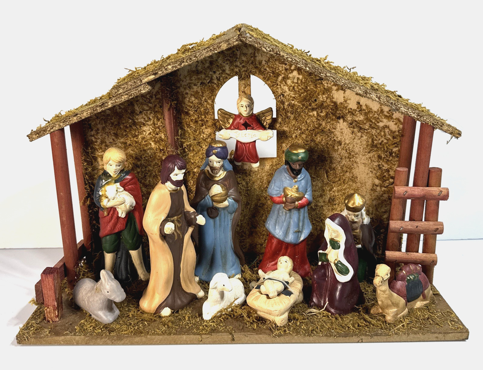 11-Piece Nativity Scene Set with Moss Roof Wooden Stable Xmas Crèche HUAXING