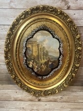 Vintage Gold Ornate Gilded Gesso Oval Frame Roman Ruins Matted Reverse Painted