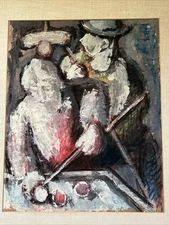 POOL HALL PORTRAIT EXPRESSIONIST MID CENTURY SIGNED MYSTERY ARTIST