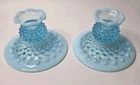 Set Of 2 vintage Fenton blue opalescent hobnail glass candlestick holders