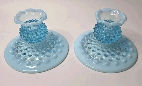 Set Of 2 vintage Fenton blue opalescent hobnail glass candlestick holders