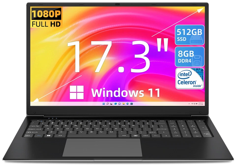 SGIN Notebook 17,3 Zoll Laptop 8GB RAM 512GB SSD Intel Dual-Core 2,8GHz Win 11