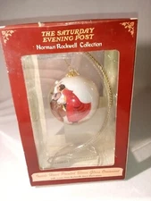Norman Rockwell "Mistletoe"  Glass Ball Christmas Ornament w/ Stand