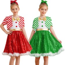 Girls Santa Elf Costume Dance Dress With Striped Short Coat Set Party Sequins