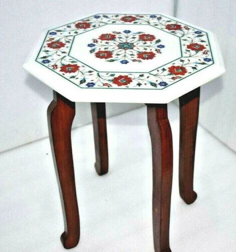 12" Marble Side table top semi precious stone handmade work With Wooden Stand - Image 4 of 4