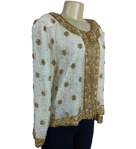 Mark & John Vintage White & Gold Sequined Beaded Jacket With Floral Design Sz XL - Picture 3 of 12