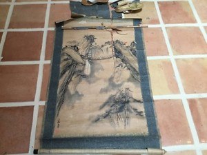 Antique Chinese Qing 18thC scroll painting bridge in mountains signed seal mark