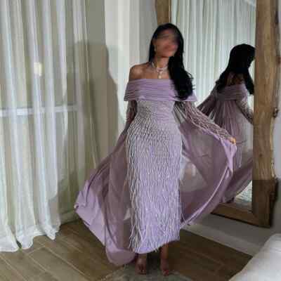 Luxury Tassel Lilac Midi Evening Dress with Long Sleeves Cape Off Shoulder Party | eBay Luxury Tassel Lilac Midi Evening Dress with Long Sleeves Cape Off Shoulder Party | eBay