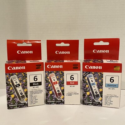 Lot of 3 - Genuine Canon BCI-6 Sealed Ink Cartridges - Black, Red, & PhotoCyan