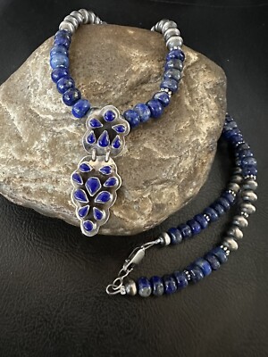 Mens Womens Blue Lapis Navajo Sterling Silver Cluster Pendant Necklace 21 18340