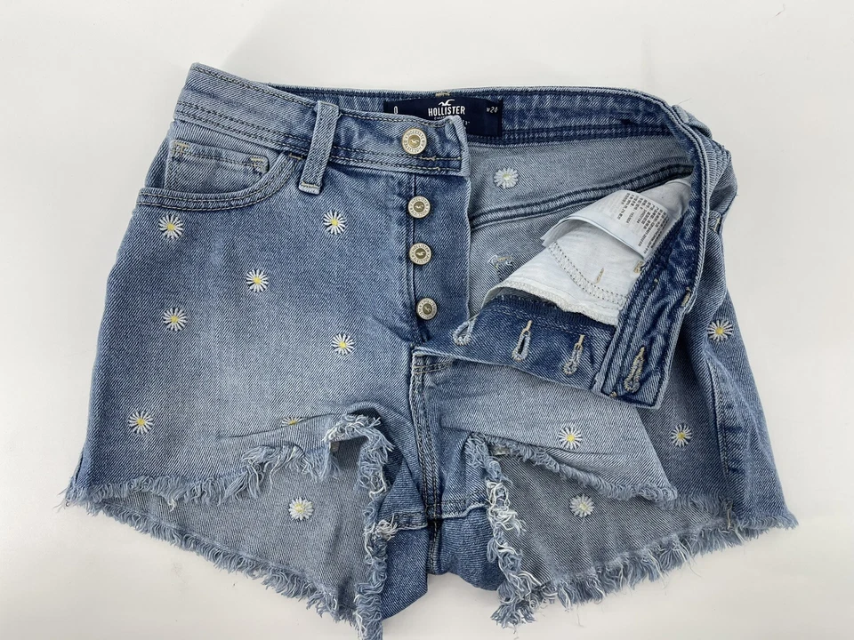 Pantalones Cortos Hollister High Rise Mamá Jean Elastizados Talla 0 W24 Azul Botón Mosca Flores Foto 3 de 4