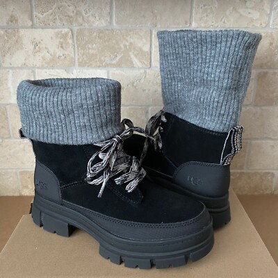 UGG BLACK ASHTON HIKER LACE UP WATERPROOF SUEDE KNIT BOOTS  display picture 1
