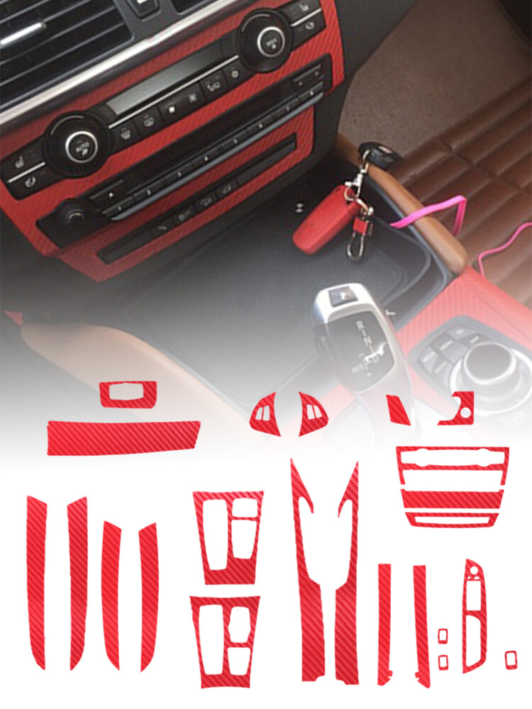 22PCS 5D Carbon Fiber Red Interior Trim Cover Trim Accessories For BMW X6 08-14