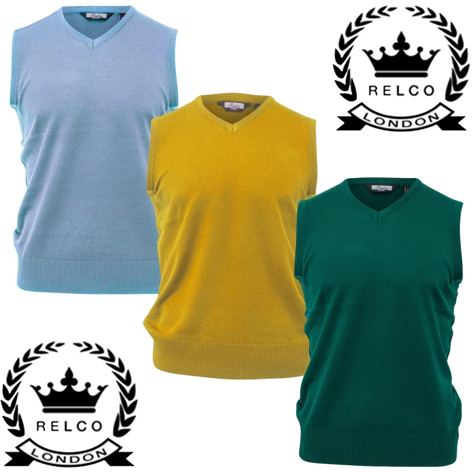 Relco Herren Strick Tanktop Retro V-Ausschnitt Senf Sky Grün NEU - Bild 1 von 1