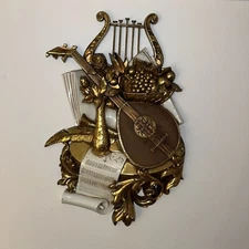 Vtg (71) Gold harp Lute sheet song Music Wall Hanging plastic Art piece 20”X30”