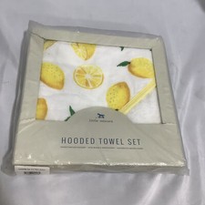 Little Unicorn White Yellow Lemon Print Cotton Hooded Towel  Wash Cloth Set