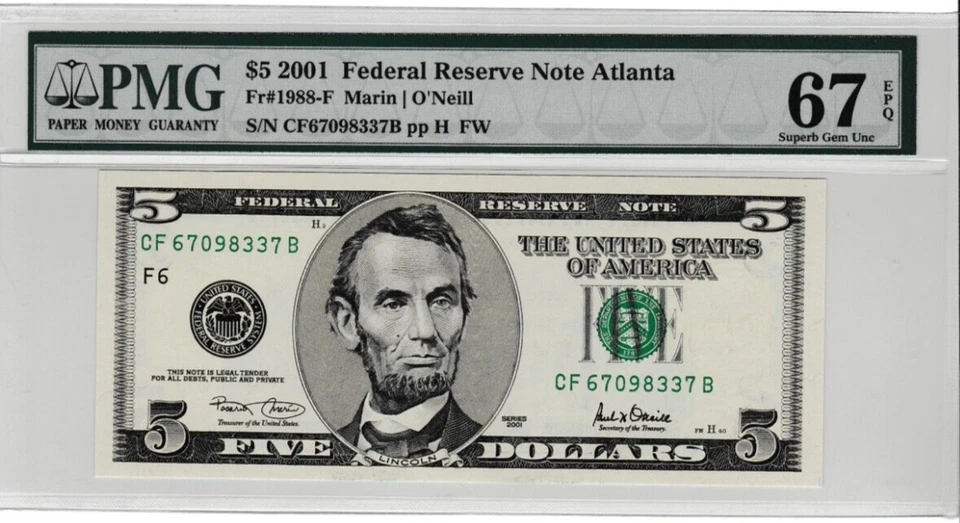 2001  $5  Federal Reserve Note S/N CF 67098337 B  Fr. 1988-F ATLANTA PMG 67 - Image 2 of 3