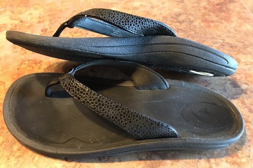Womens Sz 6 Olukai Kulapa Kai Flip Flop Thong Sandal Shoes Black Leopard Print - Picture 5 of 9