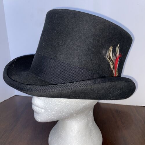 Kenny K Coachman Top Hat Millinery Steampunk Black XL With Feather Red Lined - Imagen 1 de 9